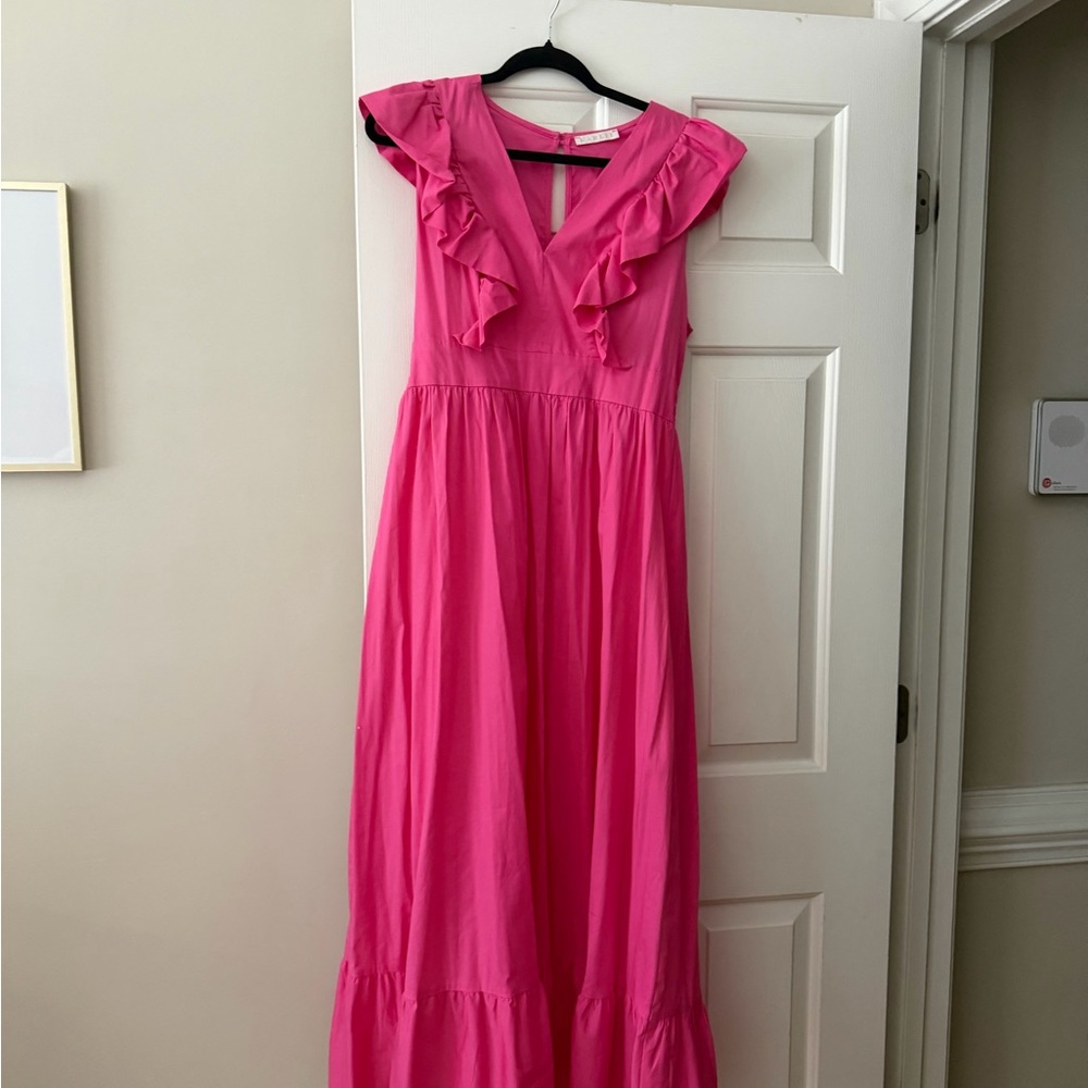 Karlie Hot Pink Ruffle V-Neck Maxi Dress